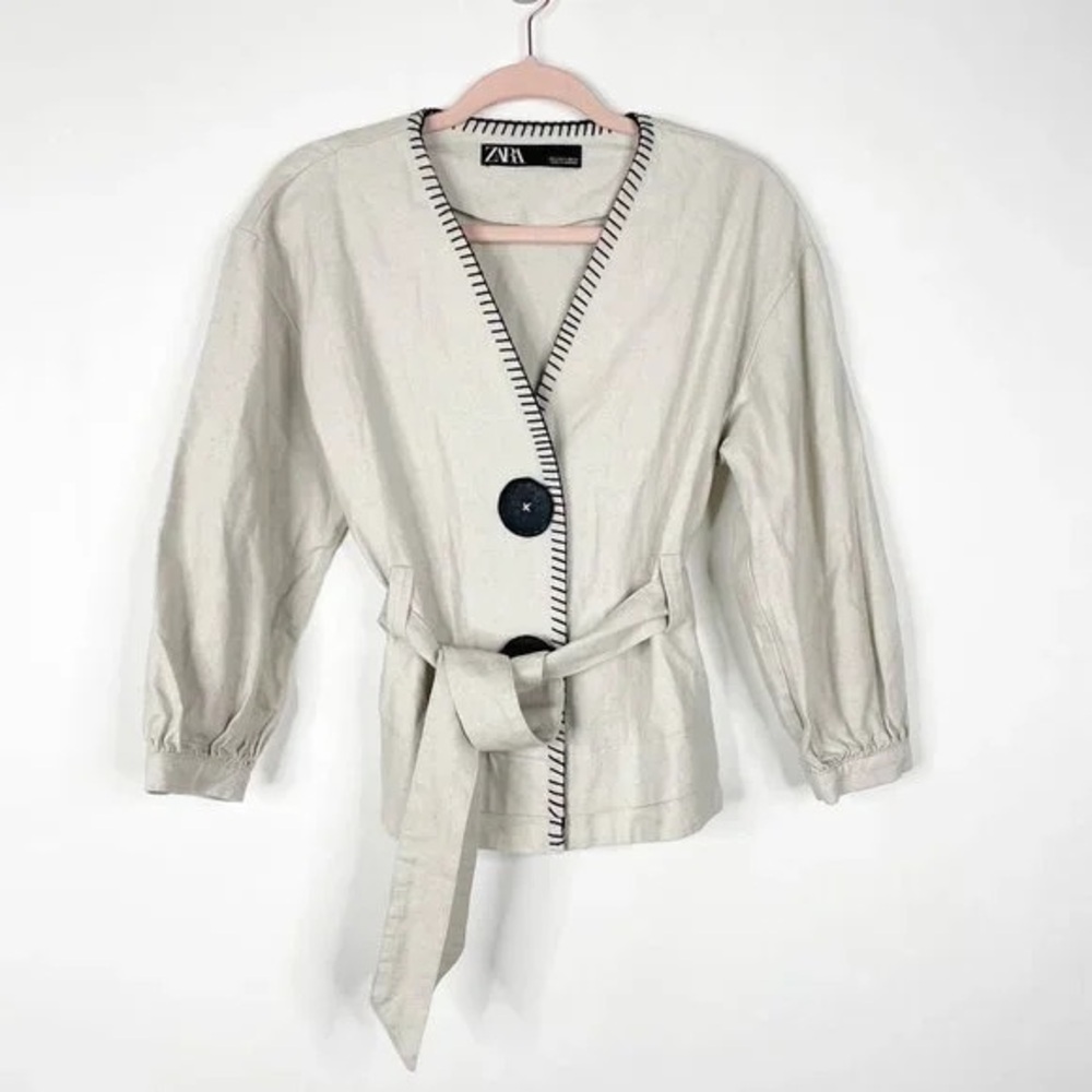 Zara NWT light beige and black contrast button front linen tie belted cardigan - Picture 2 of 10